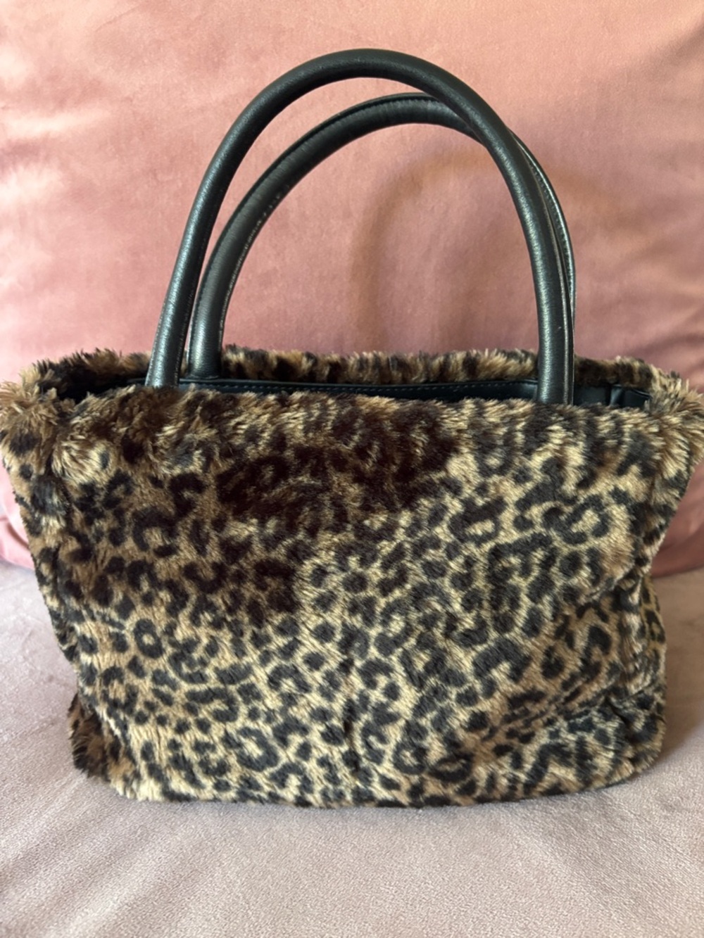 Leopard Print Faux Fur Tote with Black Handles